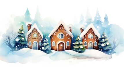 Cheerful Watercolor Christmas Gingerbread Houses in Snowy Landscape AI Generated