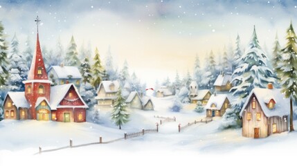 Fototapeta na wymiar Crisp Watercolor Winter Sunrise over a Peaceful Snowcovered Christmas Village AI Generated