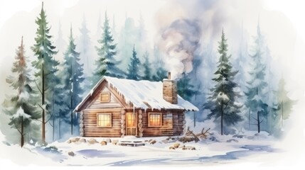 Fototapeta na wymiar Charming Watercolor Cozy Cabin Surrounded by Snowy Pines AI Generated