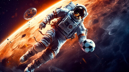 an astronaut kicks a football across the rusty terrain