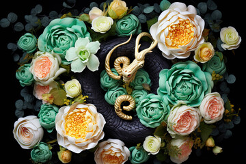 A close up of a snake surrounded by flowers