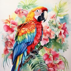 Vibrant Watercolor Baby Macaw in Tropical Rainforest AI Generated