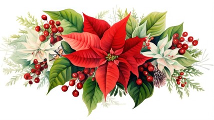 Vibrant Watercolor Holiday Flower Arrangement with Poinsettias, Holly, and Berries on White Background AI Generated