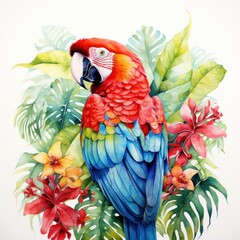 Vibrant Watercolor Baby Macaw in Tropical Rainforest AI Generated