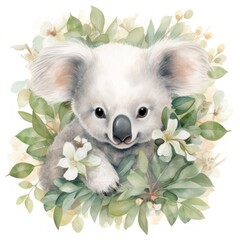 Soft Watercolor Baby Koala Nestled in Eucalyptus Tree with Fragrant Blooms on White Background AI Generated