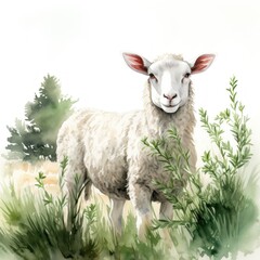 Peaceful Watercolor Sheep Grazing Amidst Fragrant Rosemary and Thyme AI Generated