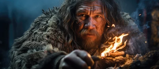 Selbstklebende Fototapeten Neanderthal wearing animal skin creates fire with bow drill, marking first human-made fire in history for cooking. © 2rogan