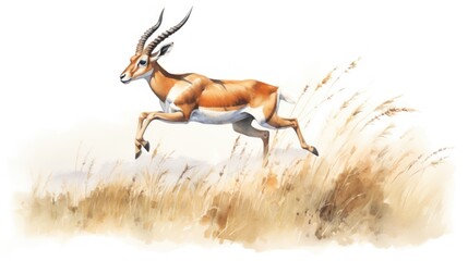 Graceful Watercolor Gazelle Leaping Through Grass on White Background AI Generated - obrazy, fototapety, plakaty