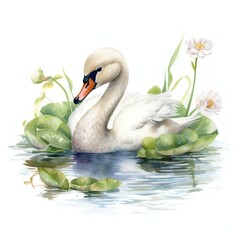 Graceful Watercolor Baby Swan Amidst Serene Lakes AI Generated