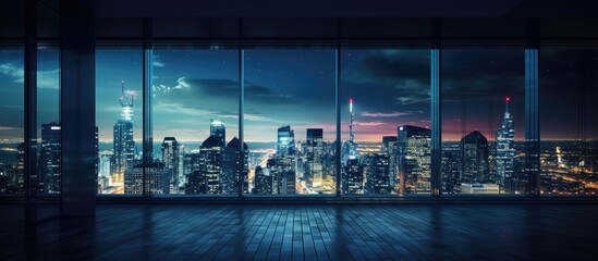 Night scene of a mixed media balcony overlooking city skyline with glass walls.