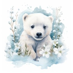 Cuddly Watercolor Baby Polar Bear Amidst Icy Glaciers AI Generated