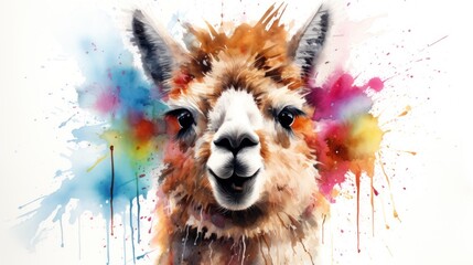 Artful Watercolor Llama Fur Chewing Calmly on White Background AI Generated