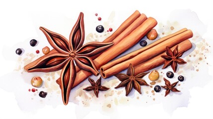 Festive Arrangement of Aromatic Watercolor Christmas Spices on White Background AI Generated