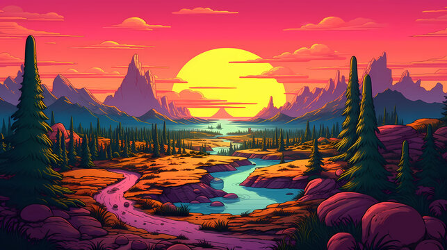 Simpsons landscape in an aesthetic synthwave style