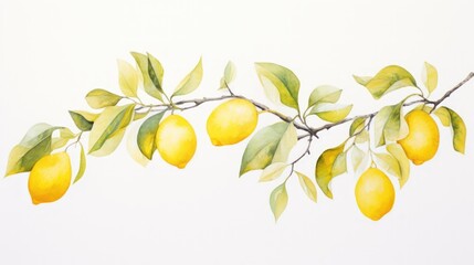 Bright and Inviting Minimalist Watercolor Lemon Tree Branch with Fruits AI Generated