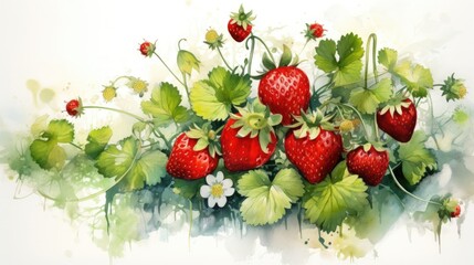 Vibrant Watercolor Strawberry Plant with Ripe Fruits and Leaves AI Generated