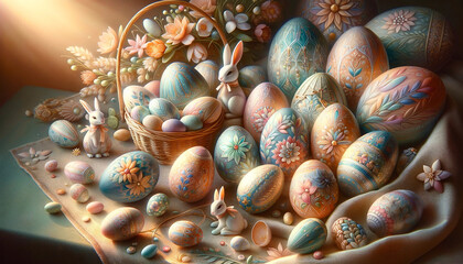 Warm-toned image of many intricately painted Easter eggs with decorative bunnies and flowers on a draped fabric
