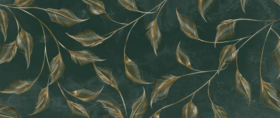 Foto op Plexiglas Luxury art background with golden exotic leaves on a branch in line art style. Botanical dark green banner for wallpaper, decor, print, textile, interior design. © VectorART