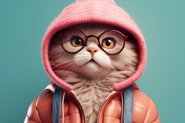 Fashionable white cat with glasses and hoodies. The concept of humanization of animals. 