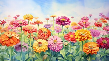 Unique and Colorful Watercolor Zinnia Field AI Generated - obrazy, fototapety, plakaty