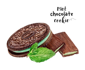 Watercolor illustration of mint chocolate cheesecake close up. Design template for packaging, menu, postcards. PNG