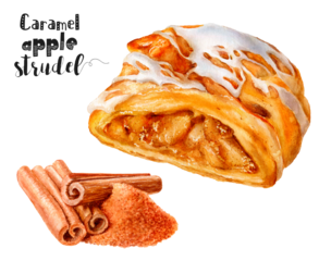 Watercolor illustration of caramel apple strudel with cinnamon dessert close up. Design template for packaging, menu, postcards.  PNG