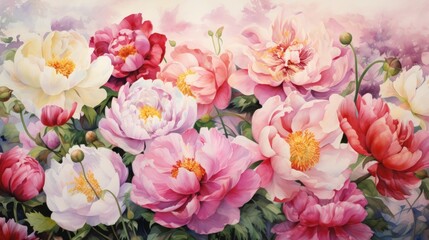 Soft and Full Watercolor Peony Field AI Generated