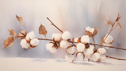 Soft and Fluffy Rustic Watercolor Cotton Plant Bolls Against Stark Background AI Generated