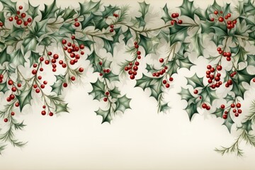 A border of lush green Christmas garland, interspersed with bright red holly berries. The garland is detailed with a light dusting of snow and subtle glitter, set against a soft, neutral background.