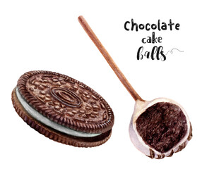 Watercolor illustration of chocolate cake ball and sandwich cookie dessert close up. Design...