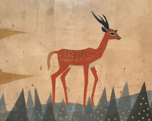 A vintage style illustration depicting a wild deer. Generative AI. 