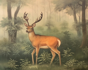 A vintage style illustration depicting a wild deer. Generative AI. 