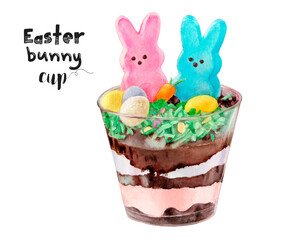 Watercolor illustration of Easter bunny cup dessert close up. Design template for packaging, menu, postcards.  PNG