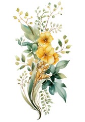 Watercolor floral bouquet with yellow flowers and eucalyptus branches isolated on white background. Generative AI