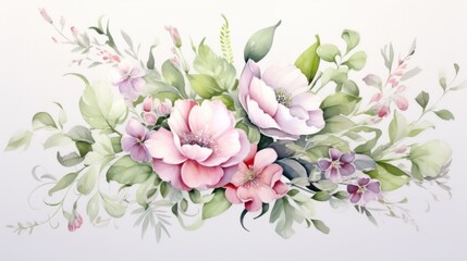Beautiful vector watercolor floral bouquet with peony, roses and anemone Generative AI