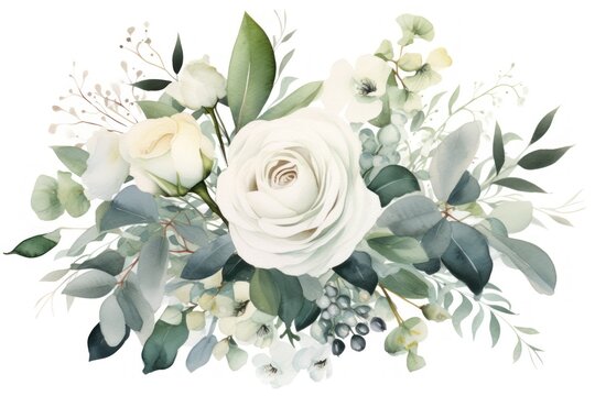 Beautiful vector image with watercolor roses and eucalyptus Generative AI
