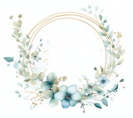 Elegant watercolor floral wreath with blue flowers and eucalyptus. Perfect for wedding invitations, greeting cards, blogs, posters and more. Generative AI