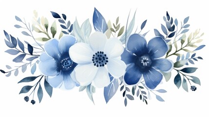 Watercolor blue and white anemone flowers. Hand painted floral illustration isolated on white background. Generative AI - obrazy, fototapety, plakaty