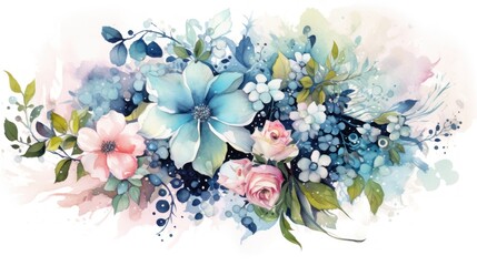 Watercolor floral bouquet with hydrangea, rose, anemone, leaves and berries. Hand painted illustration isolated on white background Generative AI