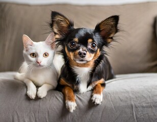 Adorable chihuahua and white kitten lying together on the couch looking at camera. Generative AI