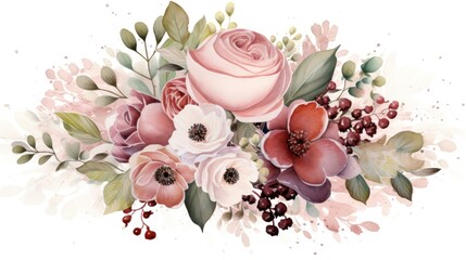 Watercolor floral bouquet with roses, ranunculus, eucalyptus, anemone. Hand drawn isolated on white background Generative AI