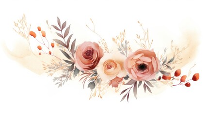 Watercolor vector bouquet of roses and leaves. Handmade. Generative AI