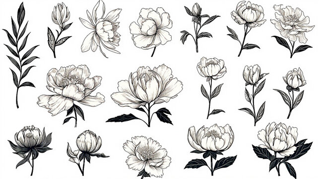 Collection of peony flowers drawn in black lines.
