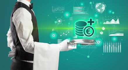 Handsome young waiter in tuxedo holding currency icons on tray