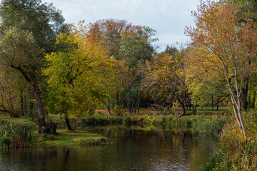 Romantic autumn landscape with trees in a park on the bank of a river, rural landscape, countryside, Polish landscape, village, Park Konstancin Jeziorna/Poland.