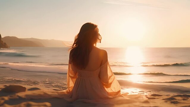 sunbaked Mediterranean beach setting for adult woman, evidently from Eastern Asia, practicing mindful meditation. In solitude, she seems lost in process of selfactualization, journey to connect