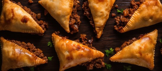 Meaty samosa pasties, viewed from above.