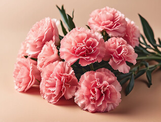 Pink carnation flowers bouquet on tan background with deep sunlight shadows. Flat lay, top view floral composition AI=generative