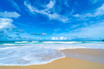 Beautiful sea beach background,Amazing sea ocean in good weather day,Beautiful waves crashing on sandy shore Nature beach sand background