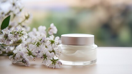 Obraz na płótnie Canvas white Wooden table on blurred whitening and moisturizing Face cream in an open glass jar and flowers on white background, Advertisement, Print media, Illustration, Banner, for website